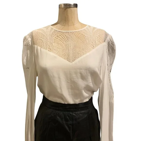 Maje Paris Leana Lace Insert Long Sleeve Off-White Silk Shirt - Picture 3 of 10